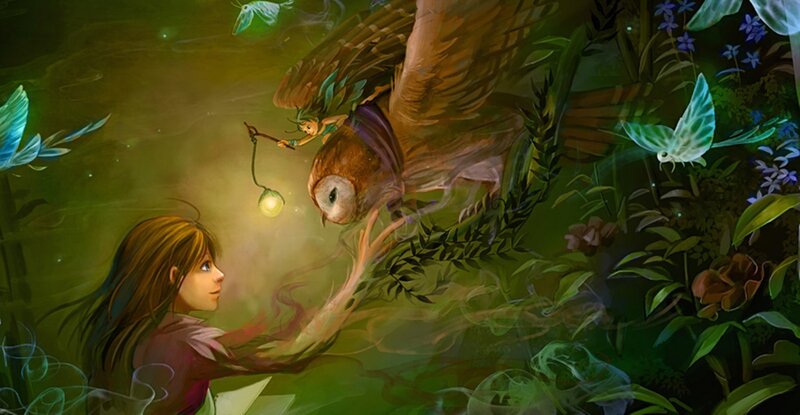 Girl with Owl in Forest — Green