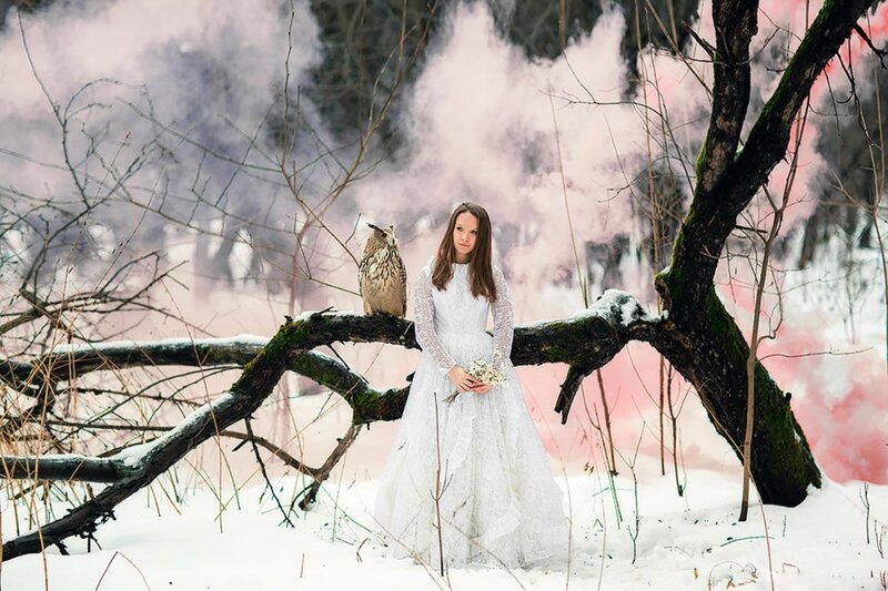Girl with Owl in Snow — White