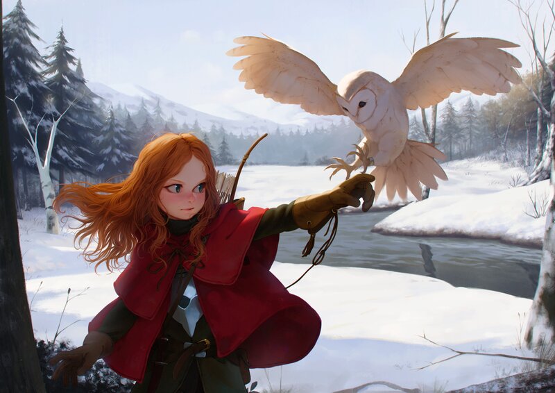 Girl with Owl in Winter