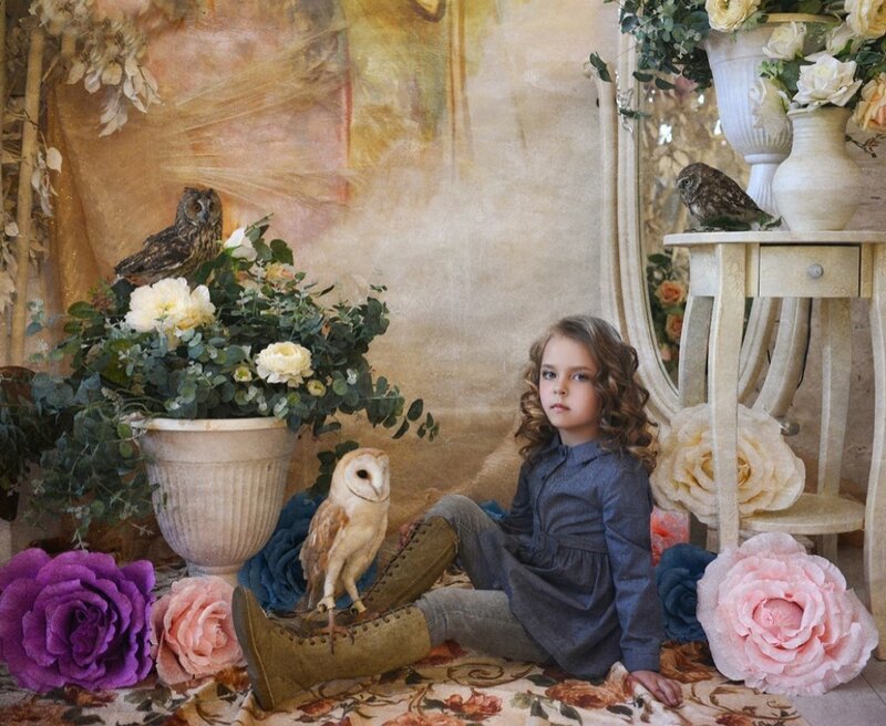 Girl with Owls and Flowers