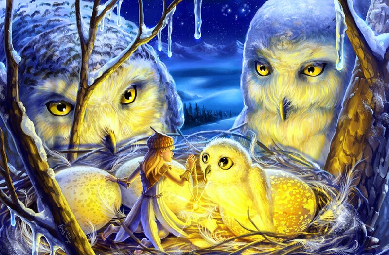 Girl with Owls in Nest