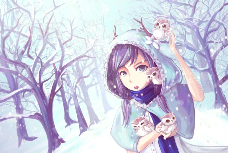 Girl with Owls in Snow