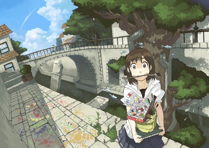 girl with paint supplies by a canal