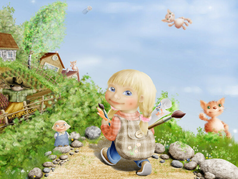 girl with paintbrushes in garden