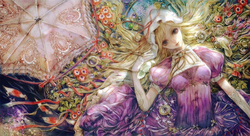 girl with parasol and flowers