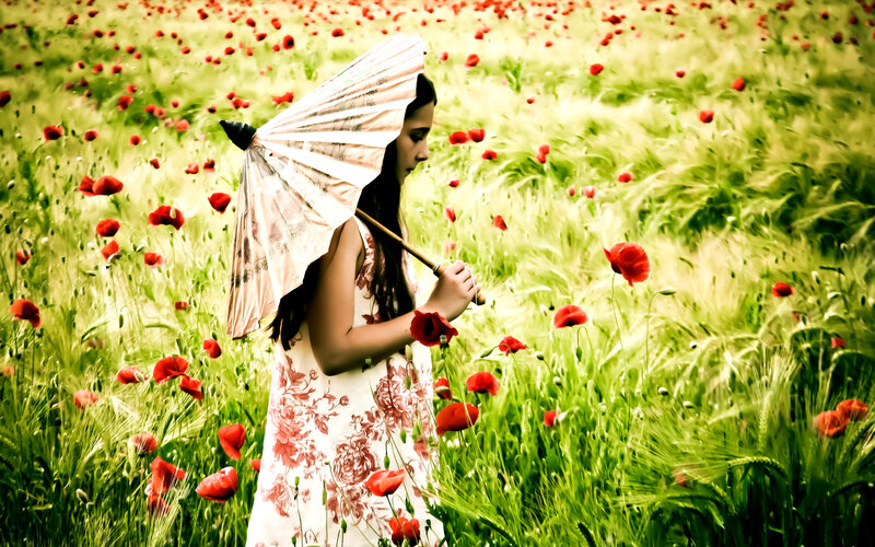 Girl with Parasol in Field