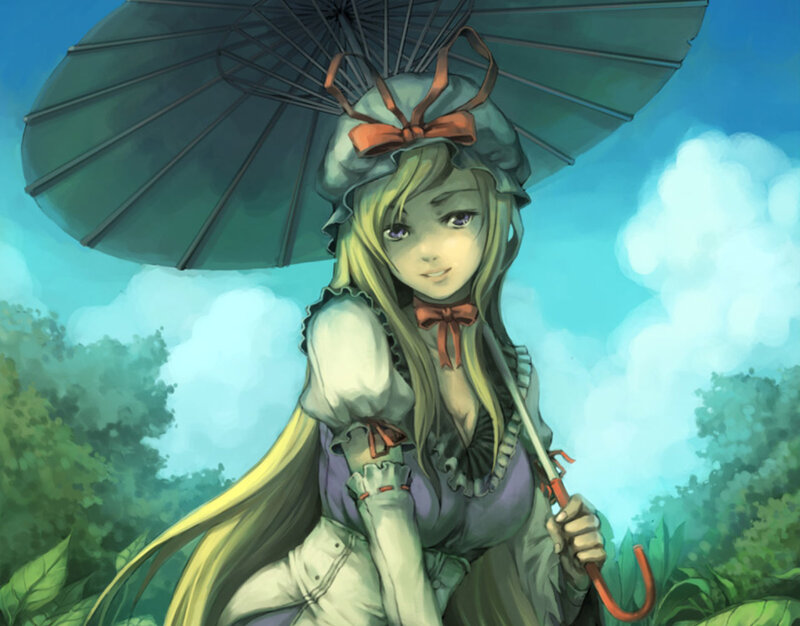 girl with parasol in garden