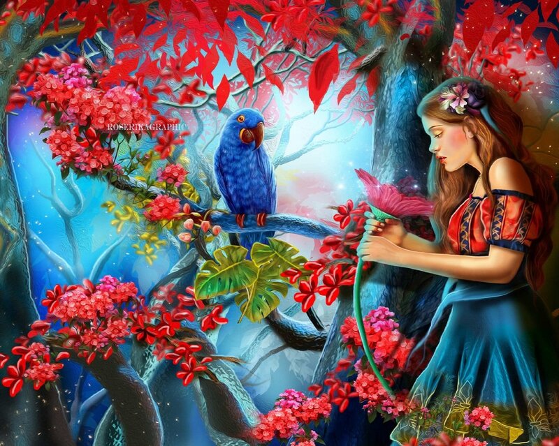Girl with Parrot in Forest — Blue