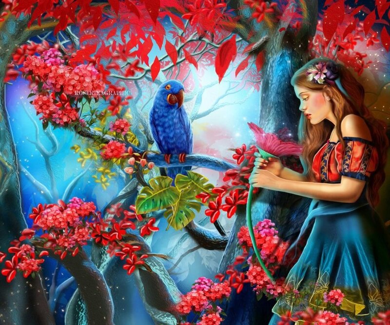 Girl with Parrot in Forest