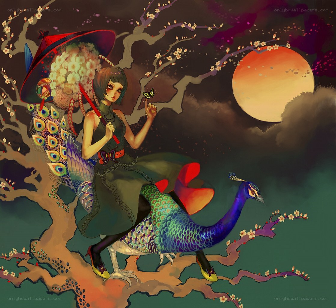 girl with peacock under moonlight