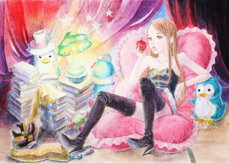 Girl with penguins and books