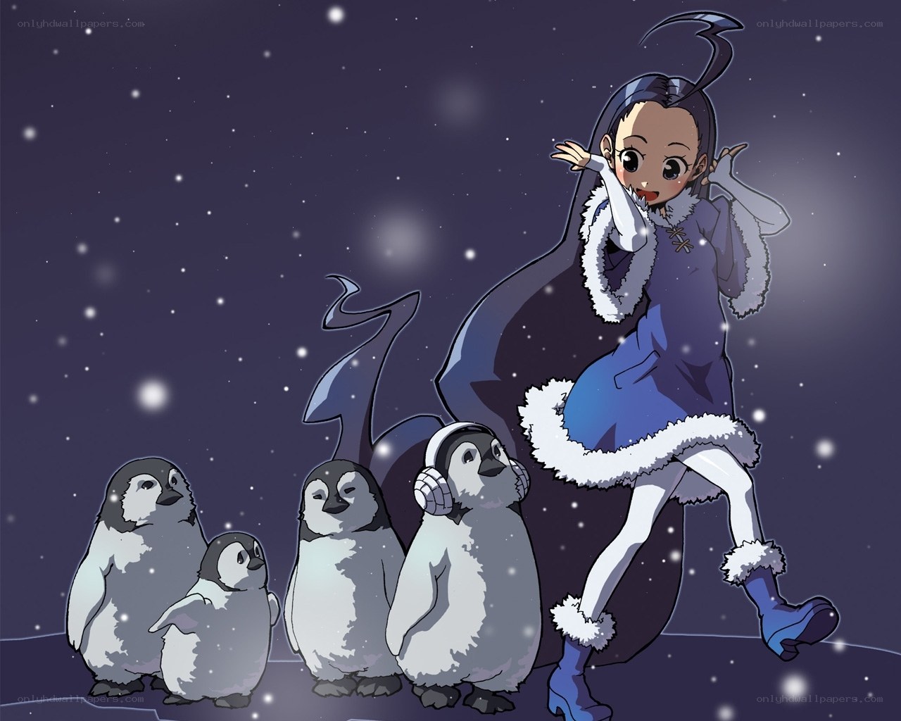 girl with penguins in snow
