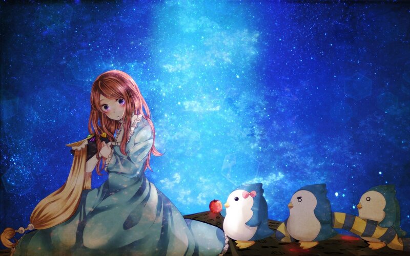 girl with penguins under stars