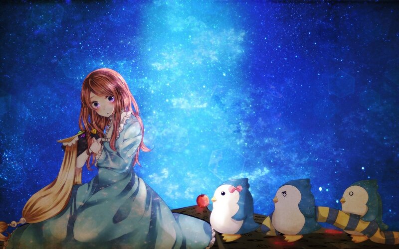 girl with penguins under stars