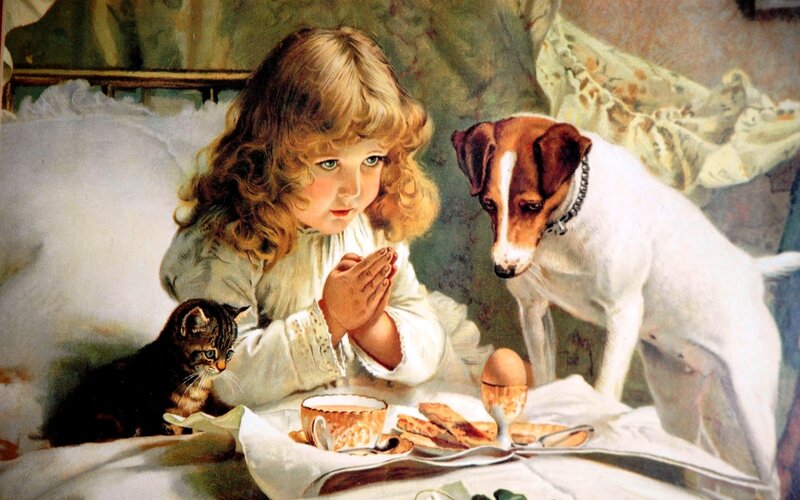 Girl with Pets at Breakfast — White