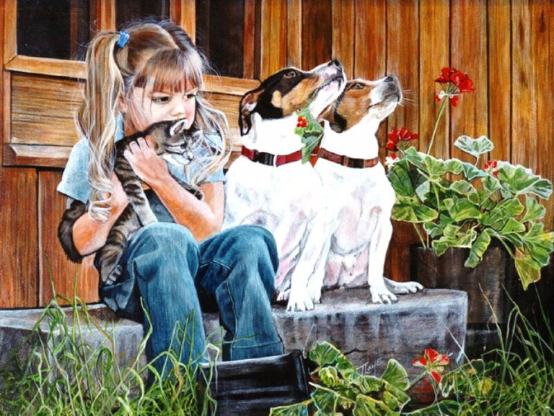Girl with Pets — Brown