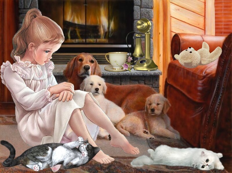 Girl with Pets in Living Room