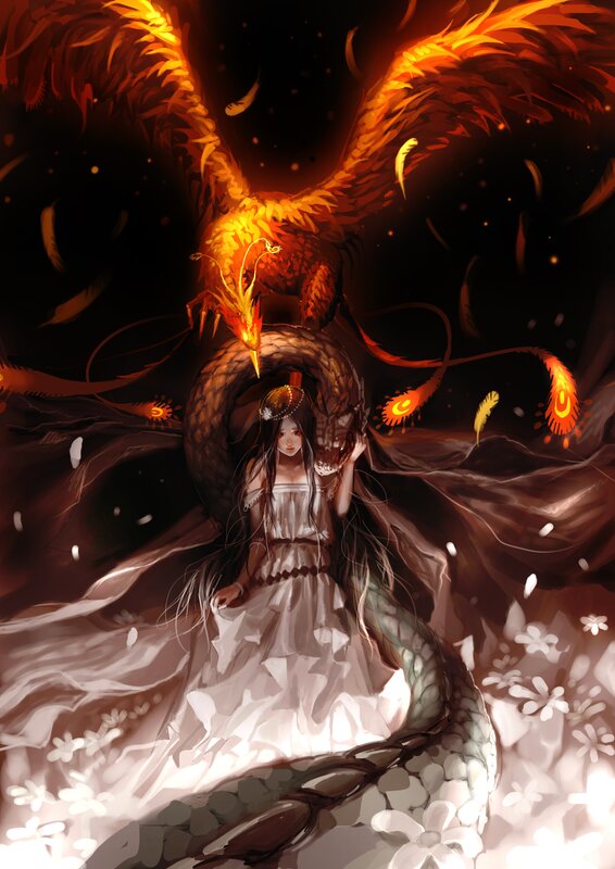 girl with phoenix and dragon