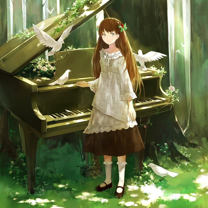 Girl with piano in forest