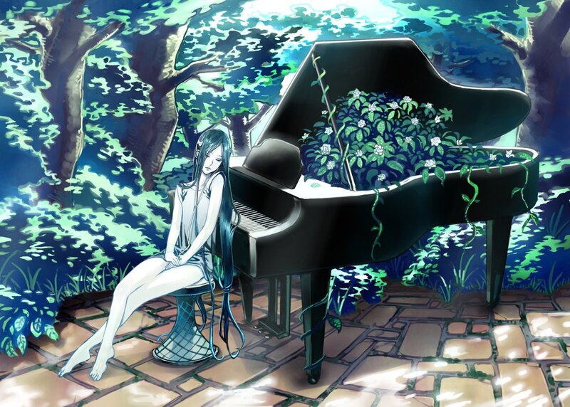Girl with piano in forest