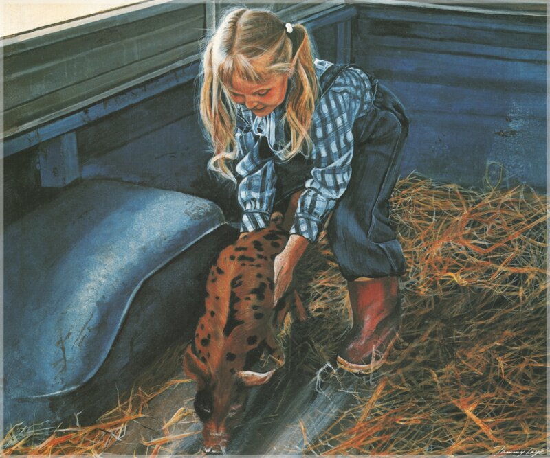 girl with piglet in barn