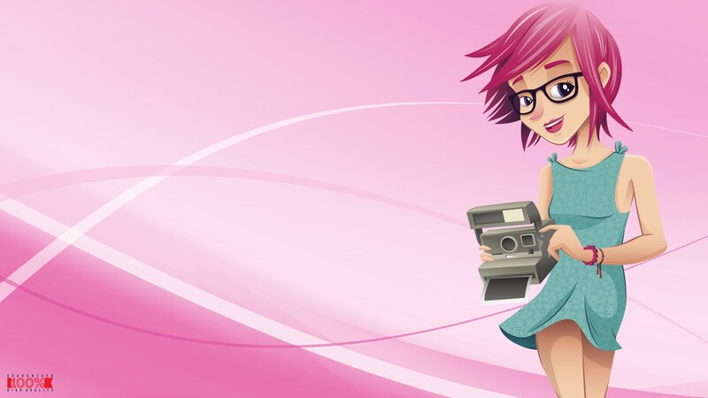 girl with pink hair holding camera