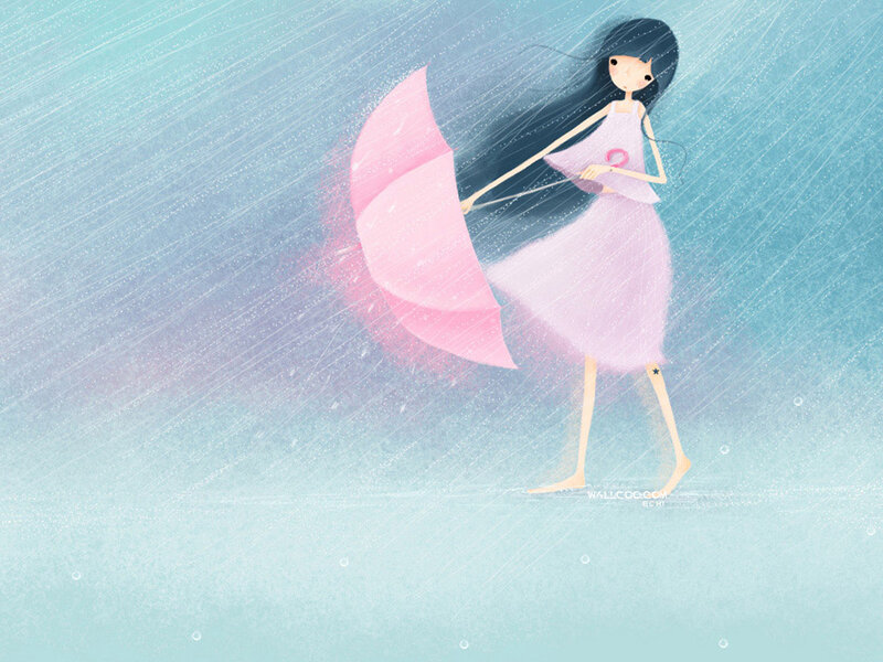 Girl with pink umbrella in rain