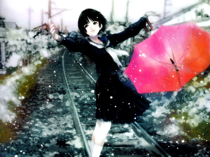 Girl with pink umbrella on train tracks