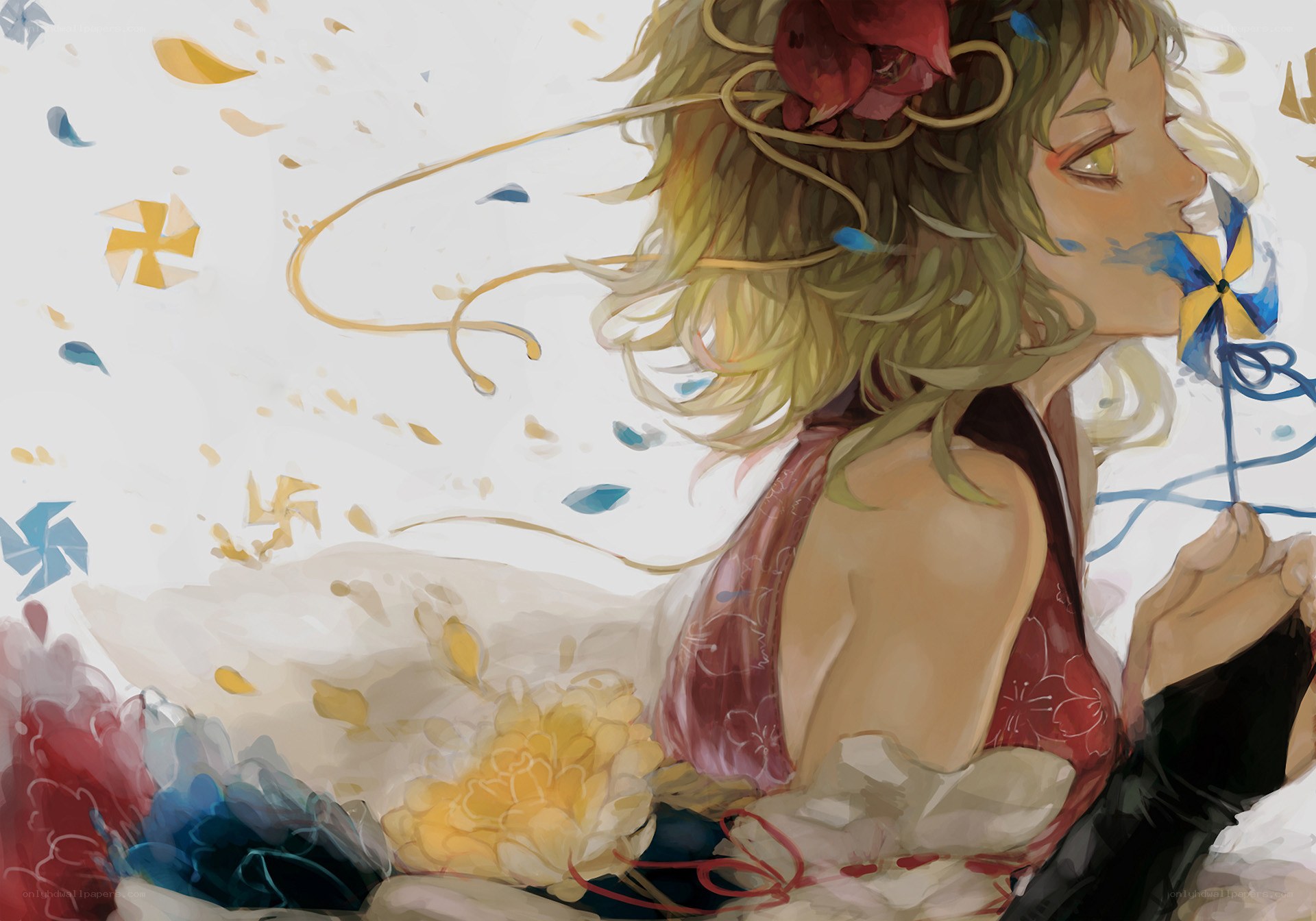 girl with pinwheel and flowers