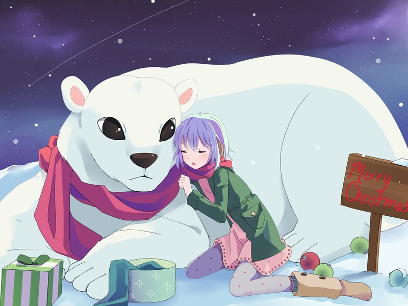 Girl with polar bear at night