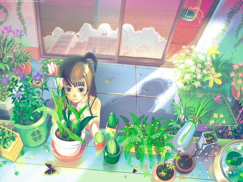 Girl with potted plants