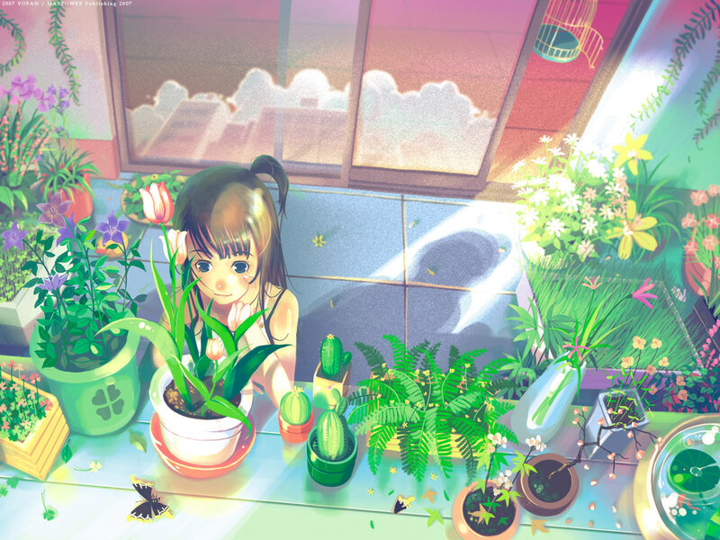 Girl with Potted Plants — Green