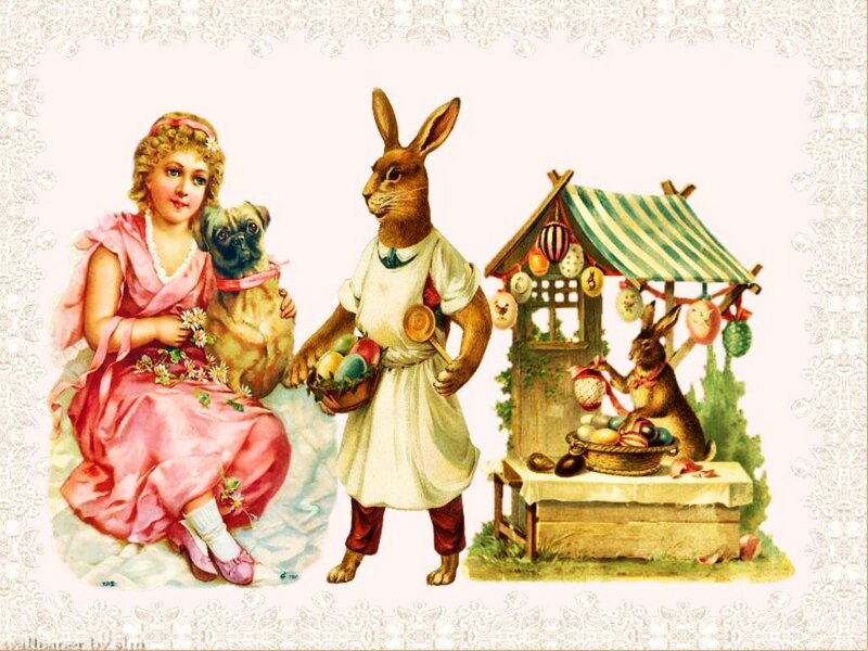 Girl with Pug and Rabbits — Pink