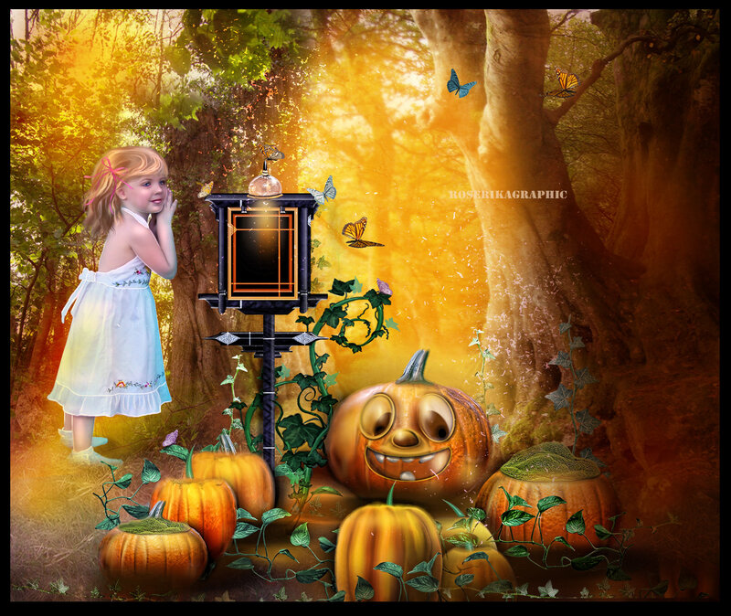 Girl with Pumpkins in Forest