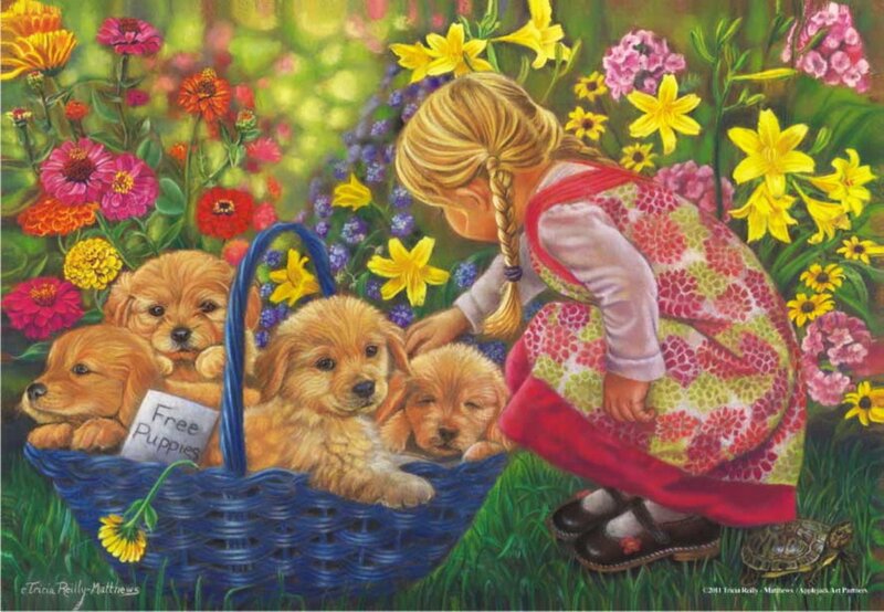 Girl with Puppies in Basket