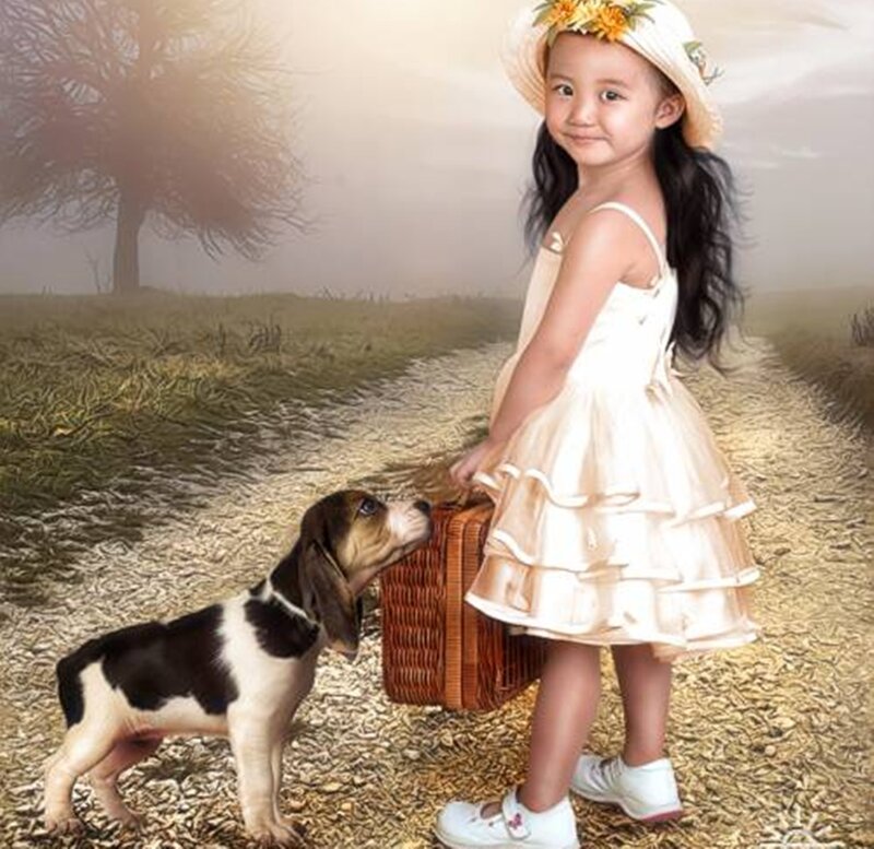 Girl with Puppy and Basket