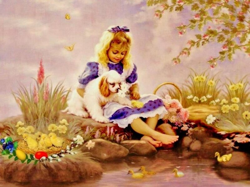 Girl with Puppy and Ducklings