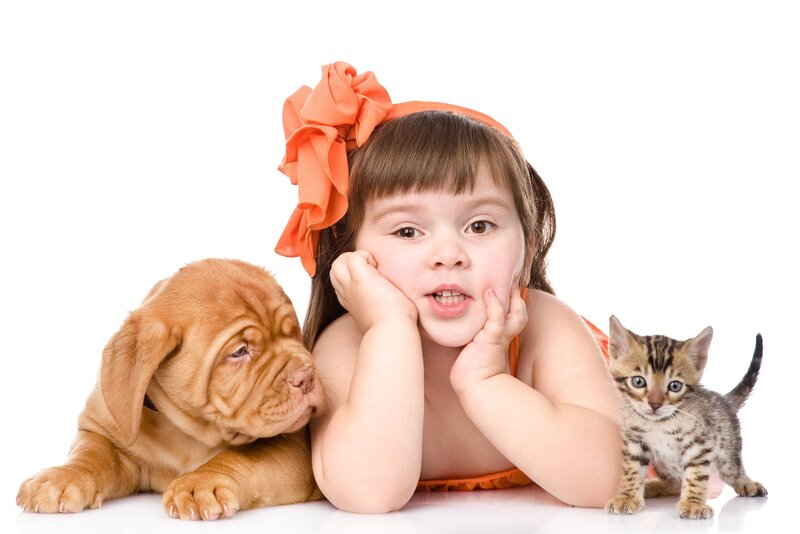 Girl with Puppy and Kitten