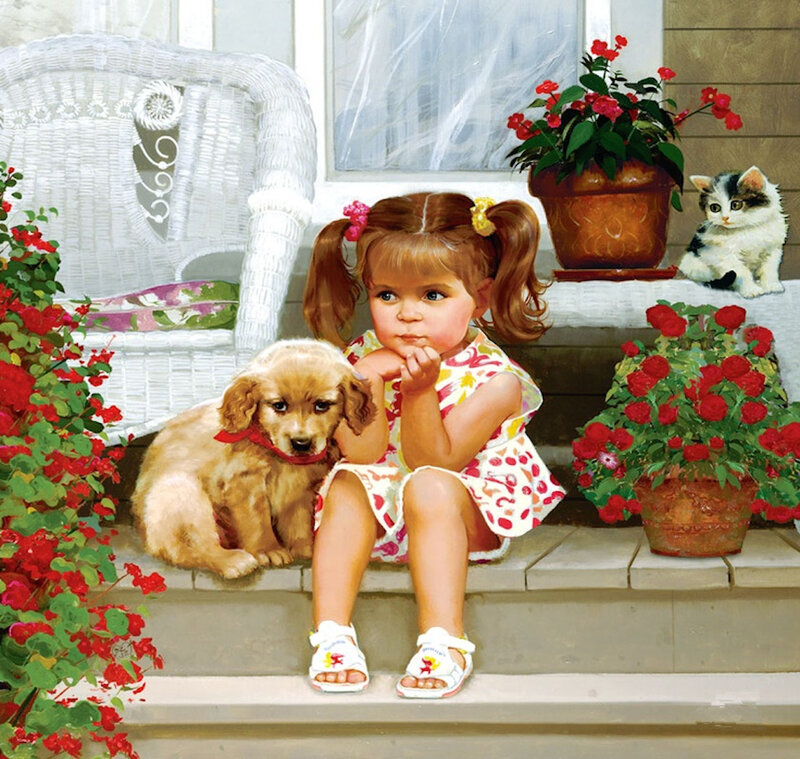 Girl with Puppy and Kitten — White