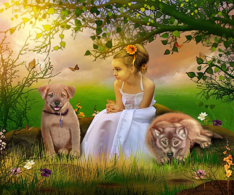 Girl with Puppy and Wolf
