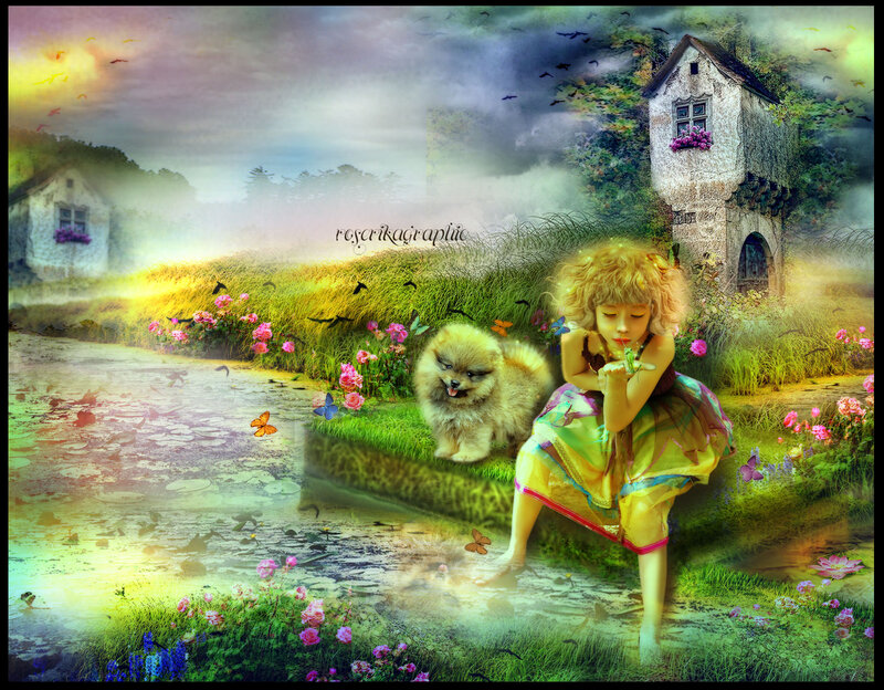 Girl with Puppy in Garden