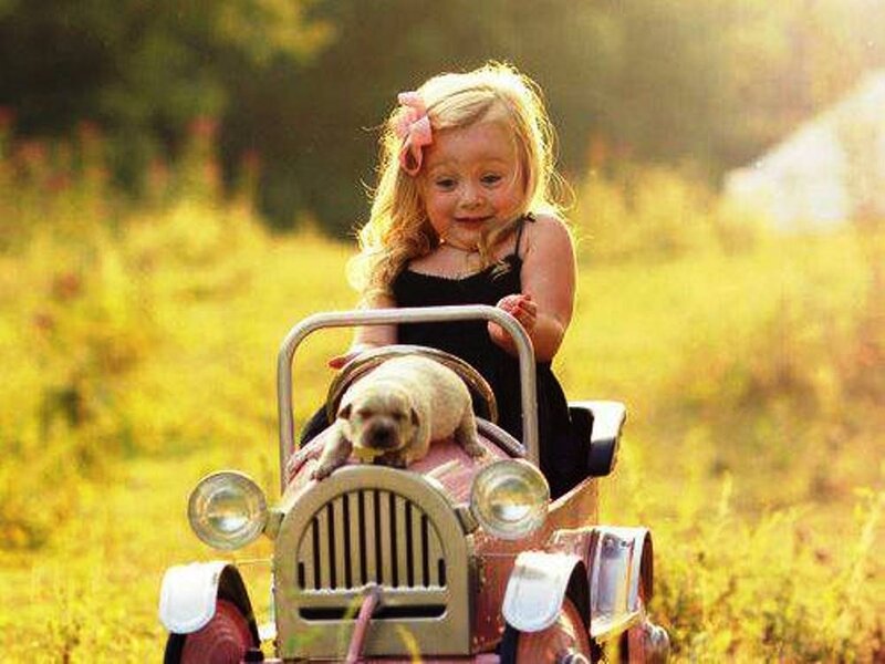 Girl with Puppy in Toy Car — Yellow