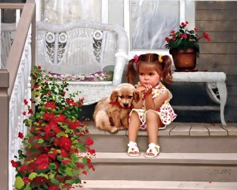 Girl with Puppy on Porch