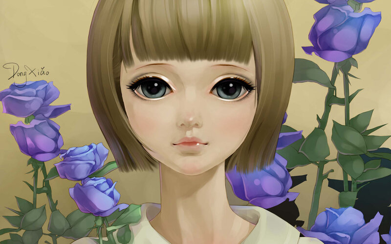 Girl with Purple Roses