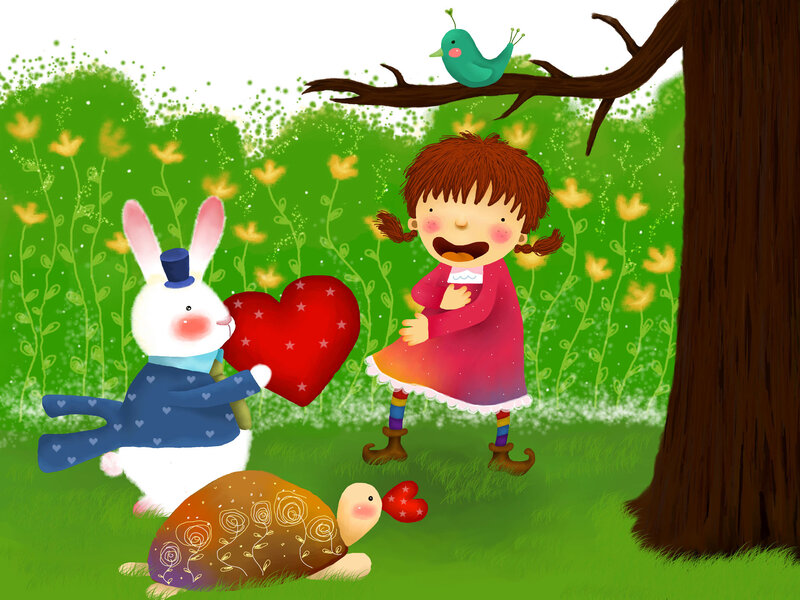 Girl with Rabbit and Turtle