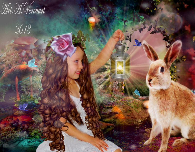 Girl with Rabbit in Forest — Green, Magical