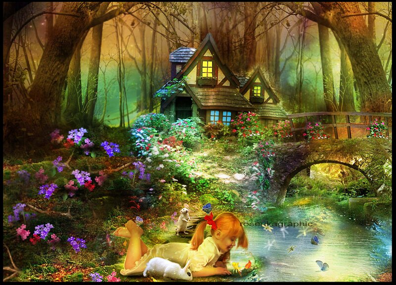 Girl with Rabbit in Forest — Green