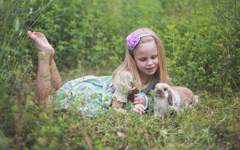 Girl with Rabbit in Grass — Green