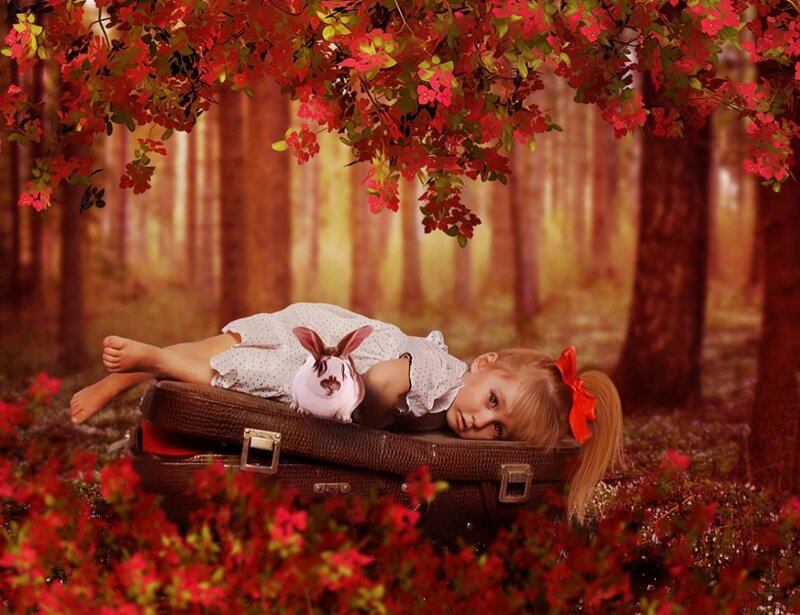 Girl with Rabbit in Suitcase