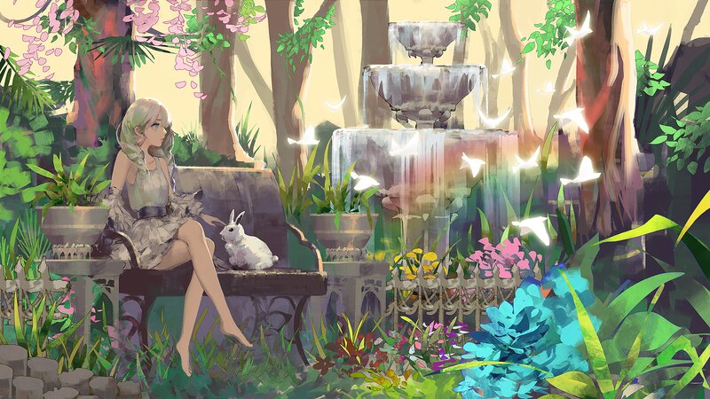Girl with Rabbit on Bench
